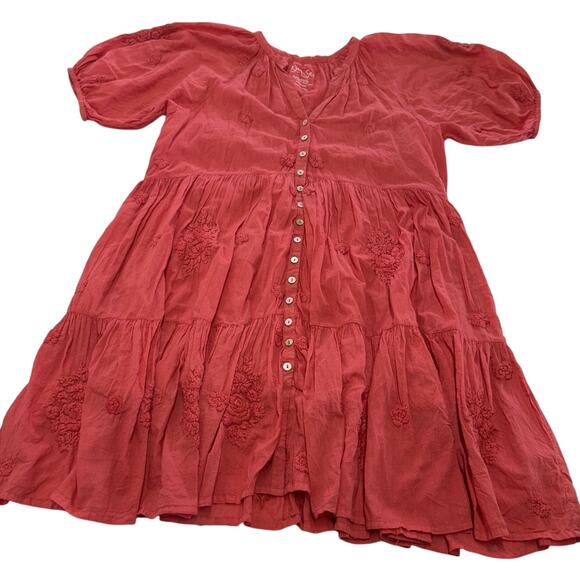 Kyla Seo Dress Womens Medium Red Orange Posie Embroidered Boho Cotton - Picture 1 of 9